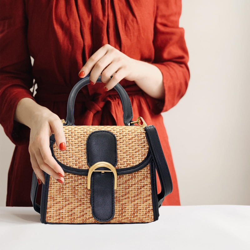 boshiho Retro Straw Woven Handbag Womens Cross Body Bag Shoulder Messenger Satchel (Large - Black) - Image 2